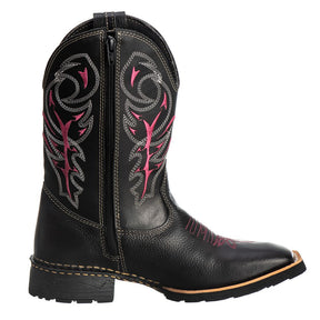 Bota Texana Feminina Couro Legítimo Preto/Rosa, Cano Alto Bordado, Conforto Duradouro