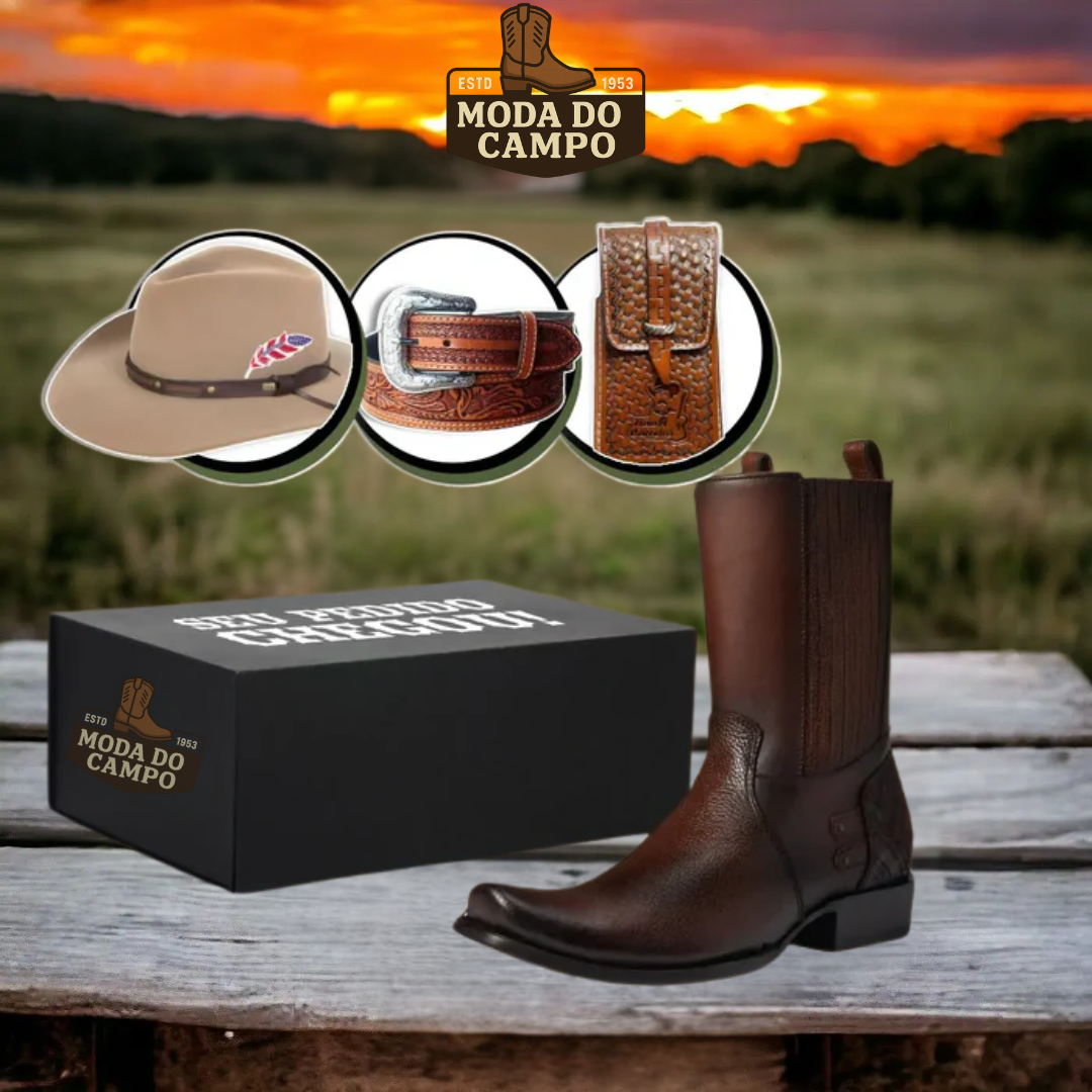 Kit Bota Maverick Masculino de Couro Legítimo com 3 Brindes – Cinto, Chapéu e Carteira