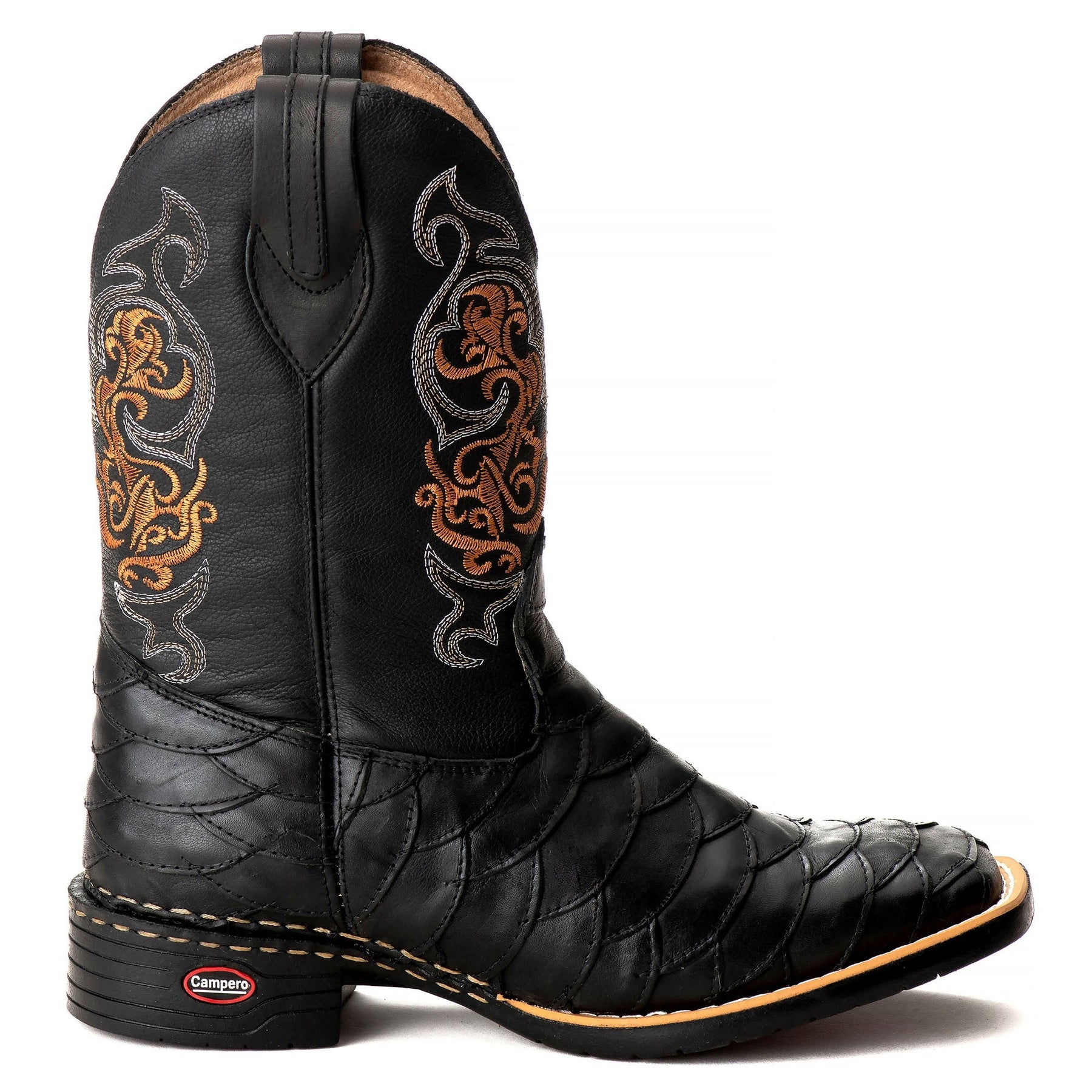 Bota Texana Escamada Masculina Couro Preto Bico Quadrado Rodeio Cano Alto