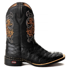Bota Texana Escamada Masculina Couro Preto Bico Quadrado Rodeio Cano Alto