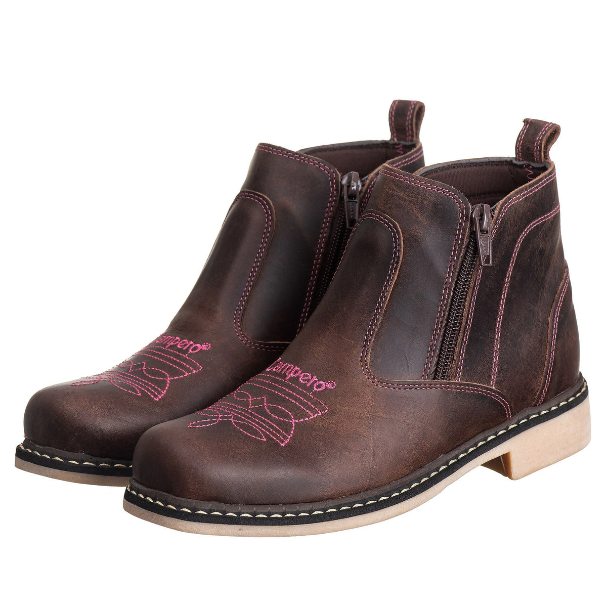 Botina Feminina Country Campero Couro Legítimo Conforto Estilo Durável Marrom Rosa