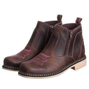 Botina Feminina Country Campero Couro Legítimo Conforto Estilo Durável Marrom Rosa