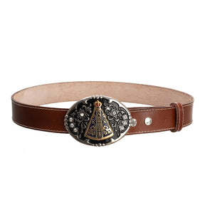 Cinto Country Marrom Liso Couro Genuíno Fivela Nossa Senhora Aparecida Strass