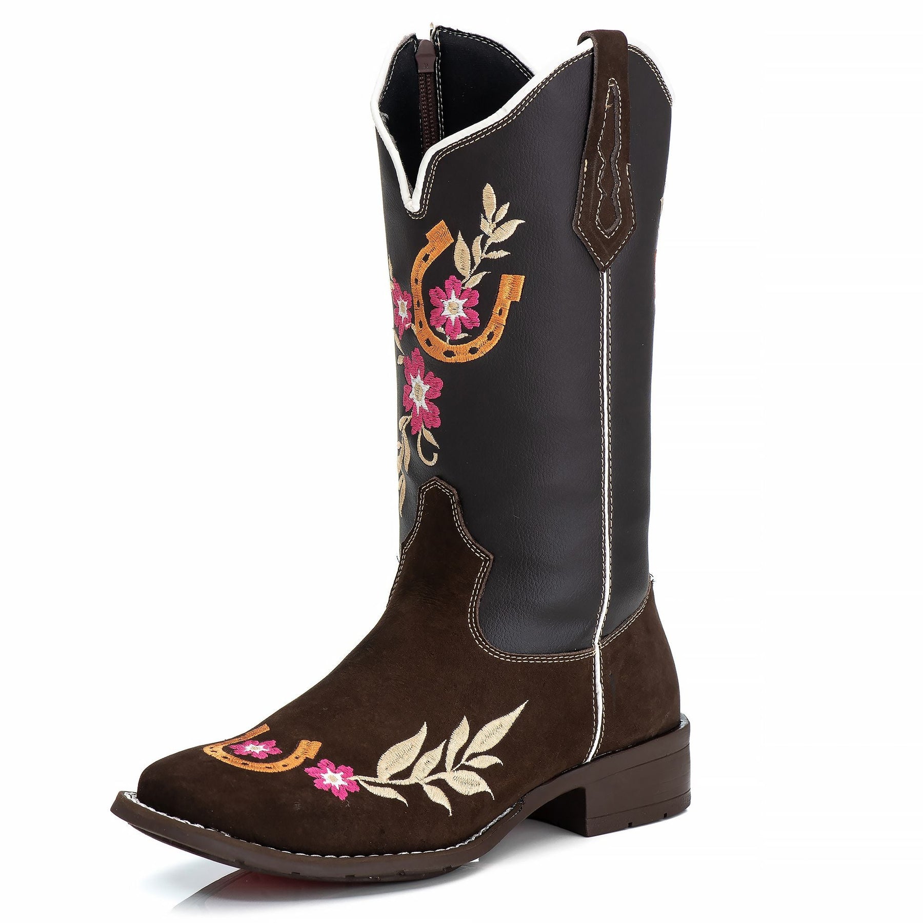 Bota Texana Feminina Campero: Couro Nobuk Bordado, Bico Quadrado, Estilo Autêntico