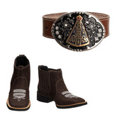 Kit Bota Feminina Pantaneira Branca Bordada Couro Legítimo + Cinto Nossa Senhora Country