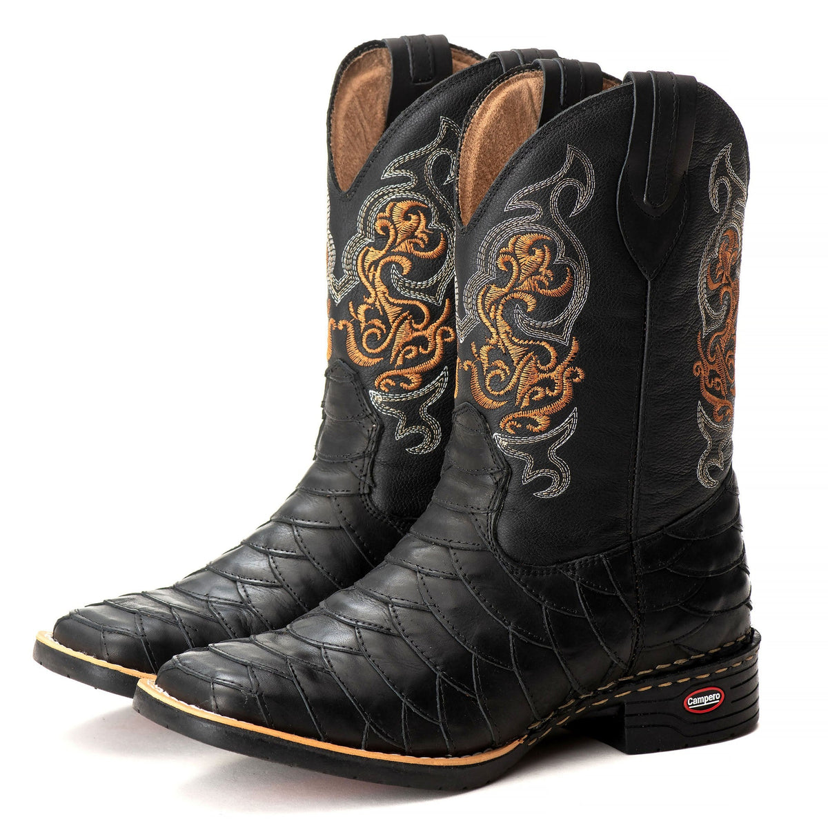 Bota Texana Escamada Masculina Couro Preto Bico Quadrado Rodeio Cano Alto