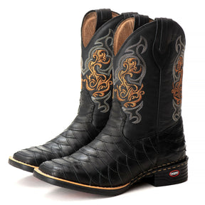 Bota Texana Escamada Masculina Couro Preto Bico Quadrado Rodeio Cano Alto