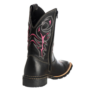 Bota Texana Feminina Couro Legítimo Preto/Rosa, Cano Alto Bordado, Conforto Duradouro