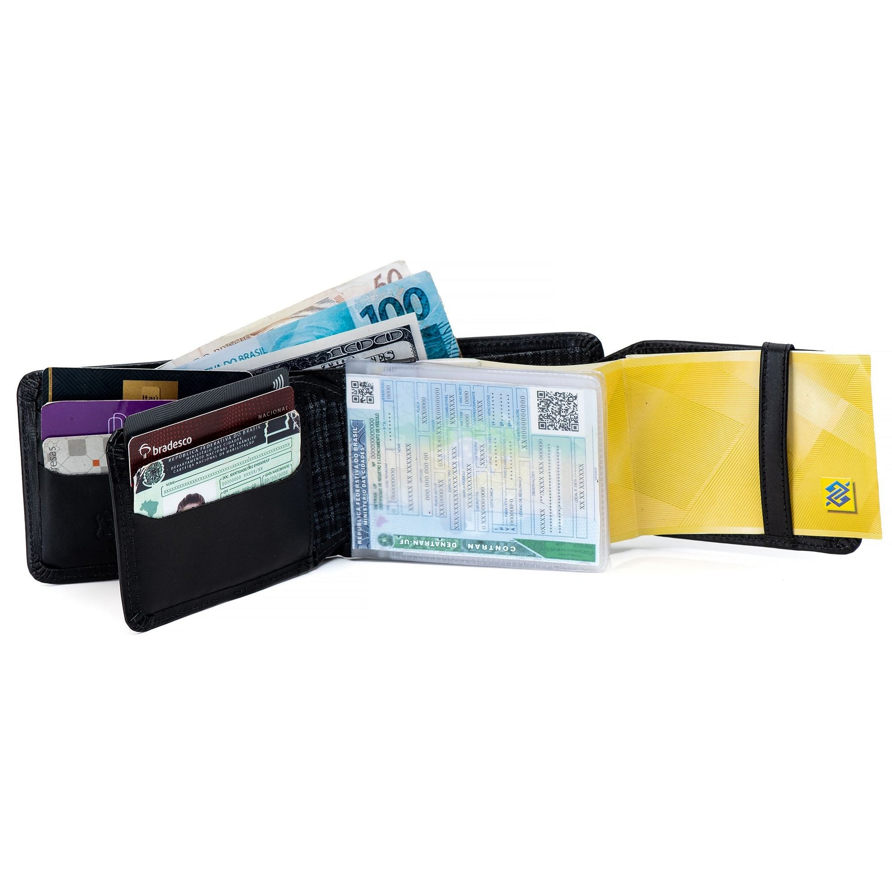 Carteira Masculina de Couro Genuíno Preta com Porta Cartões e Documentos