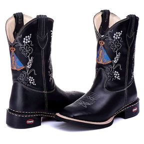 Bota Texana Feminina Couro Preto Bordado Nossa Senhora Conforto Estilo Country Ref. 709