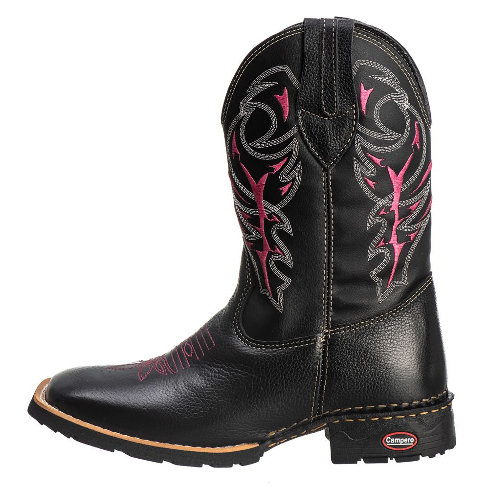 Bota Texana Feminina Couro Legítimo Preto/Rosa, Cano Alto Bordado, Conforto Duradouro