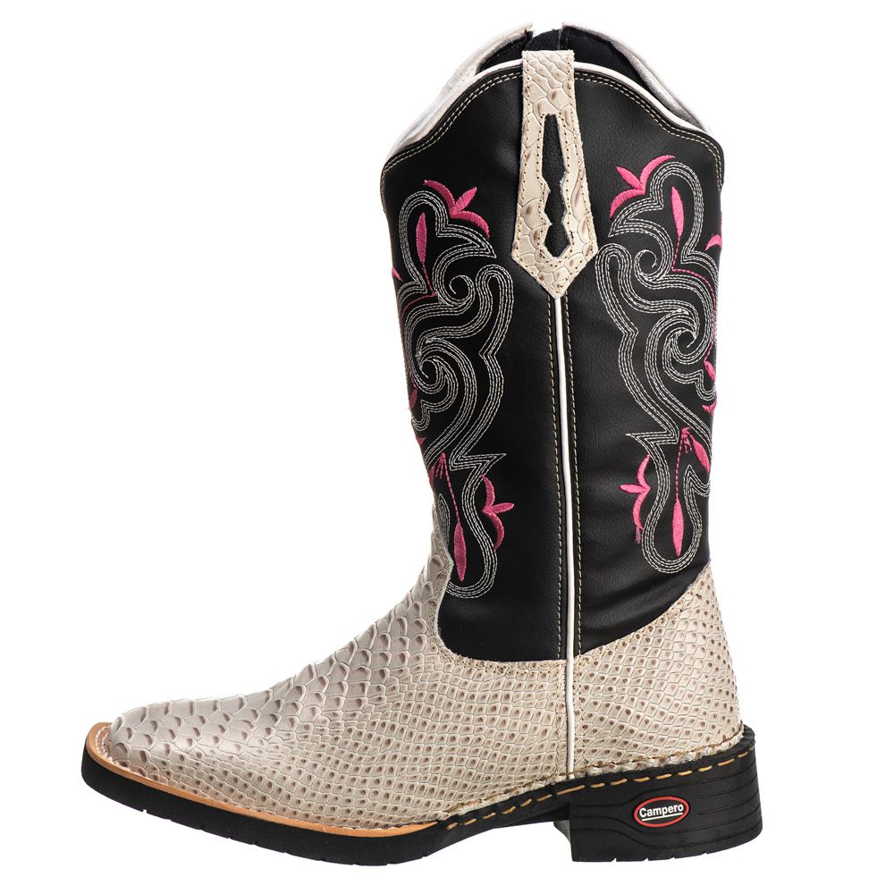 Bota Texana Feminina Bico Quadrado Anaconda Gelo/Rosa Couro Legítimo Ref. 710