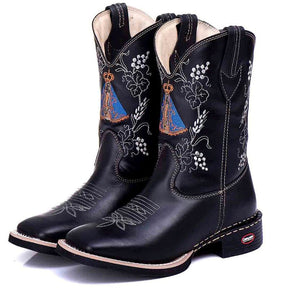 Bota Texana Feminina Couro Preto Bordado Nossa Senhora Conforto Estilo Country Ref. 709
