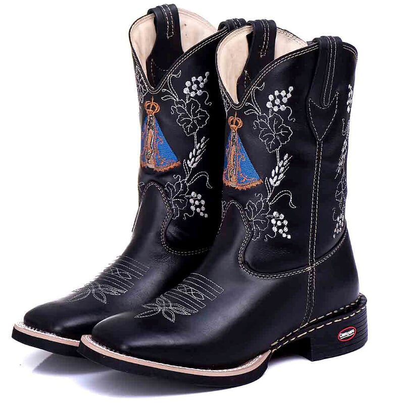 Bota Texana Feminina Couro Preto Bordado Nossa Senhora Conforto Estilo Country Ref. 709