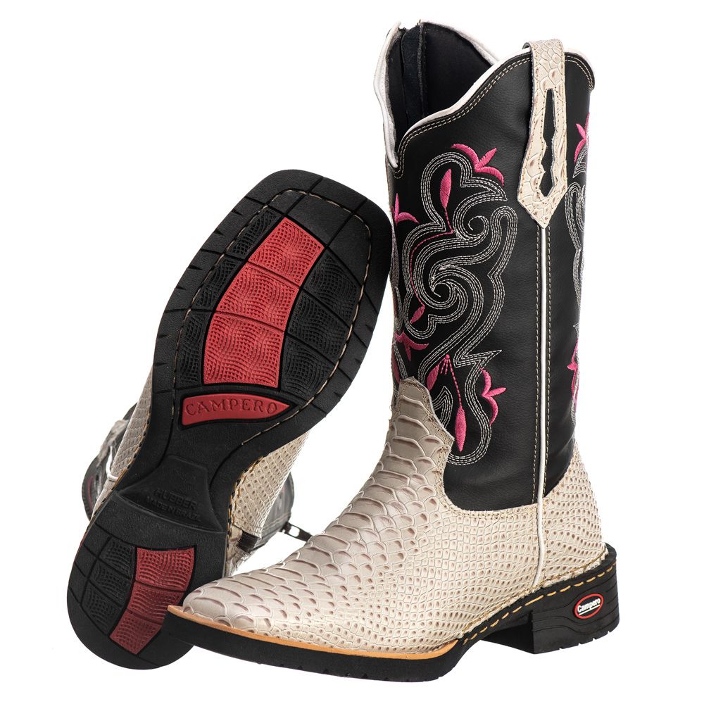 Bota Texana Feminina Bico Quadrado Anaconda Gelo/Rosa Couro Legítimo Ref. 710