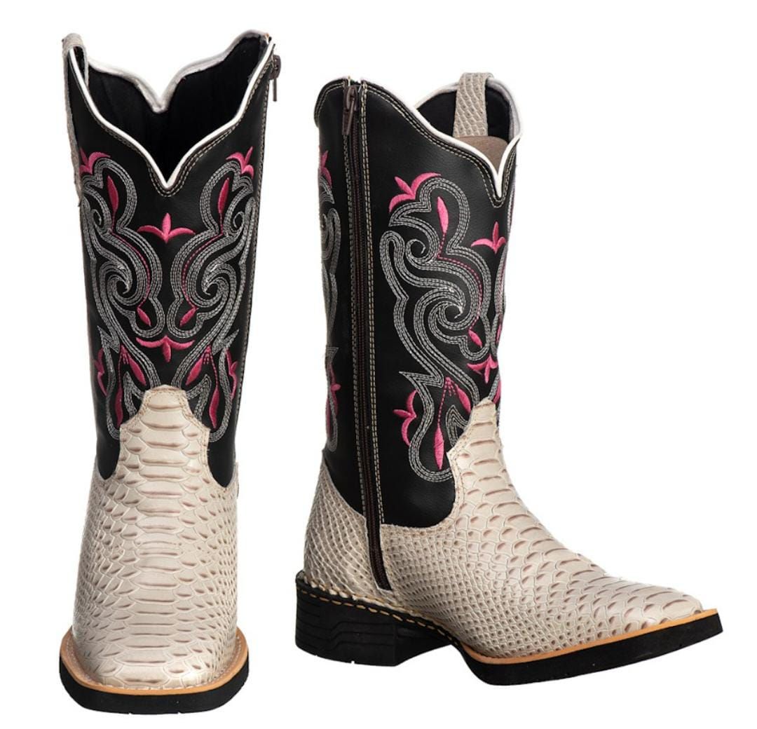 Bota Texana Feminina Bico Quadrado Anaconda Gelo/Rosa Couro Legítimo Ref. 710