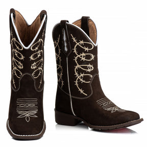 Bota Texana Feminina Marrom Cano Longo Bordada Arame Farpado Bico Quadrado Couro