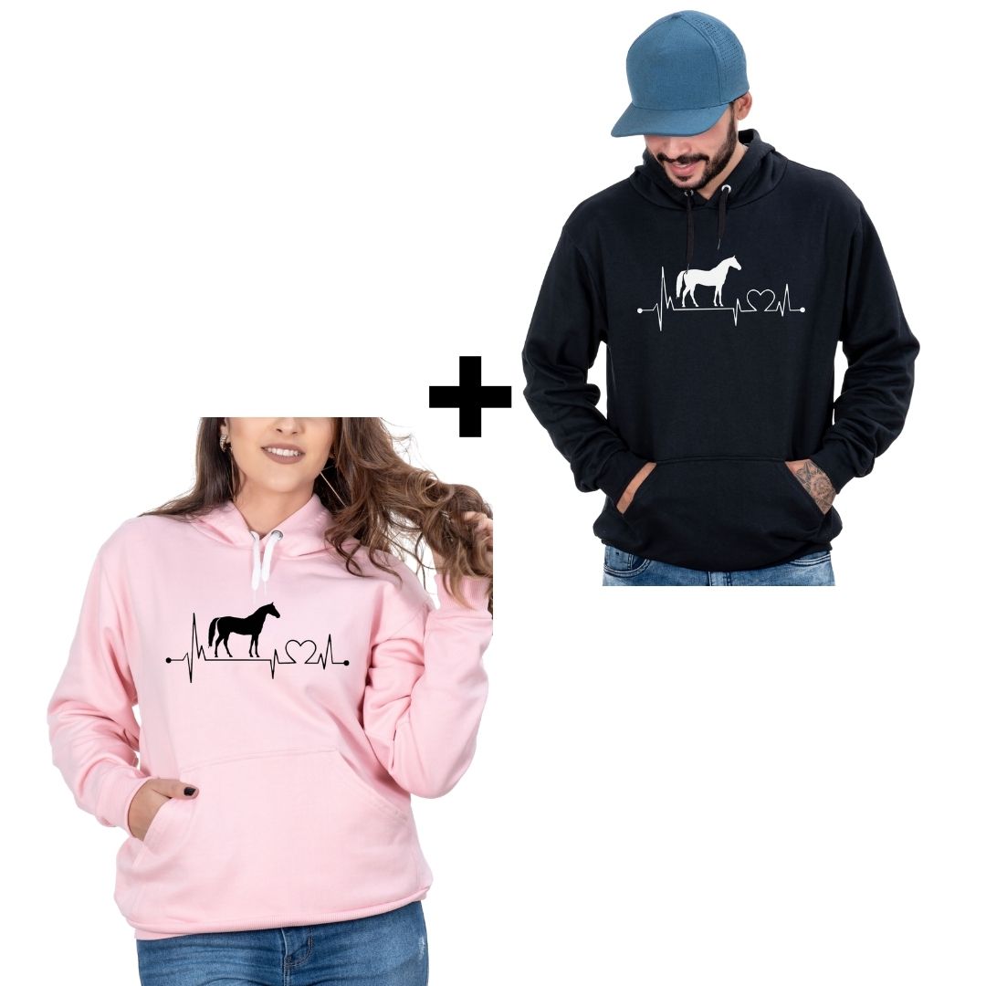 Kit Moletom Casal Cavalo: Preto Masculino + Rosa Feminino, Canguru, Confortável