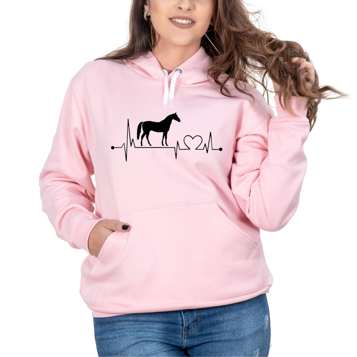 Kit Moletom Casal Cavalo: Preto Masculino + Rosa Feminino, Canguru, Confortável