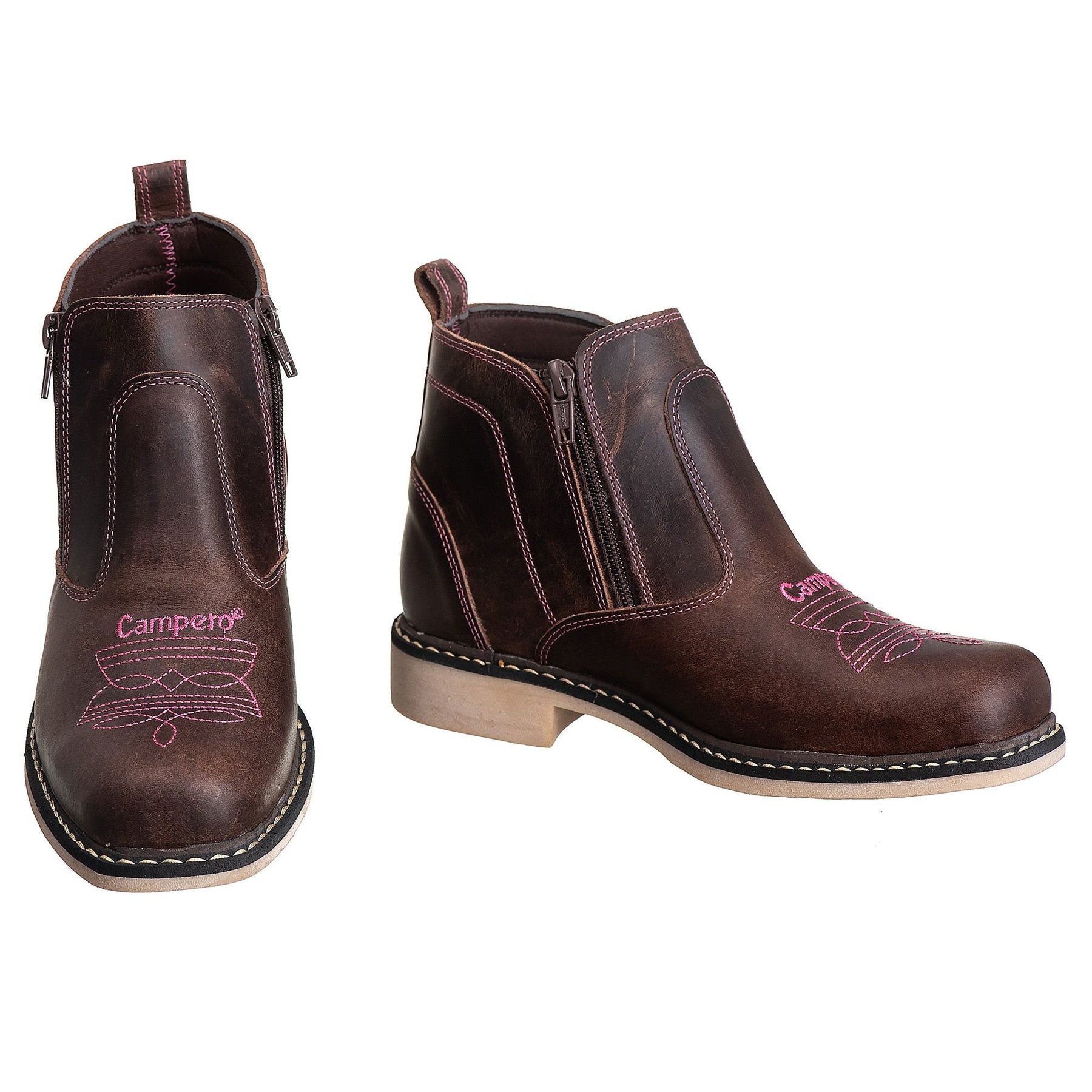Botina Feminina Country Campero Couro Legítimo Conforto Estilo Durável Marrom Rosa