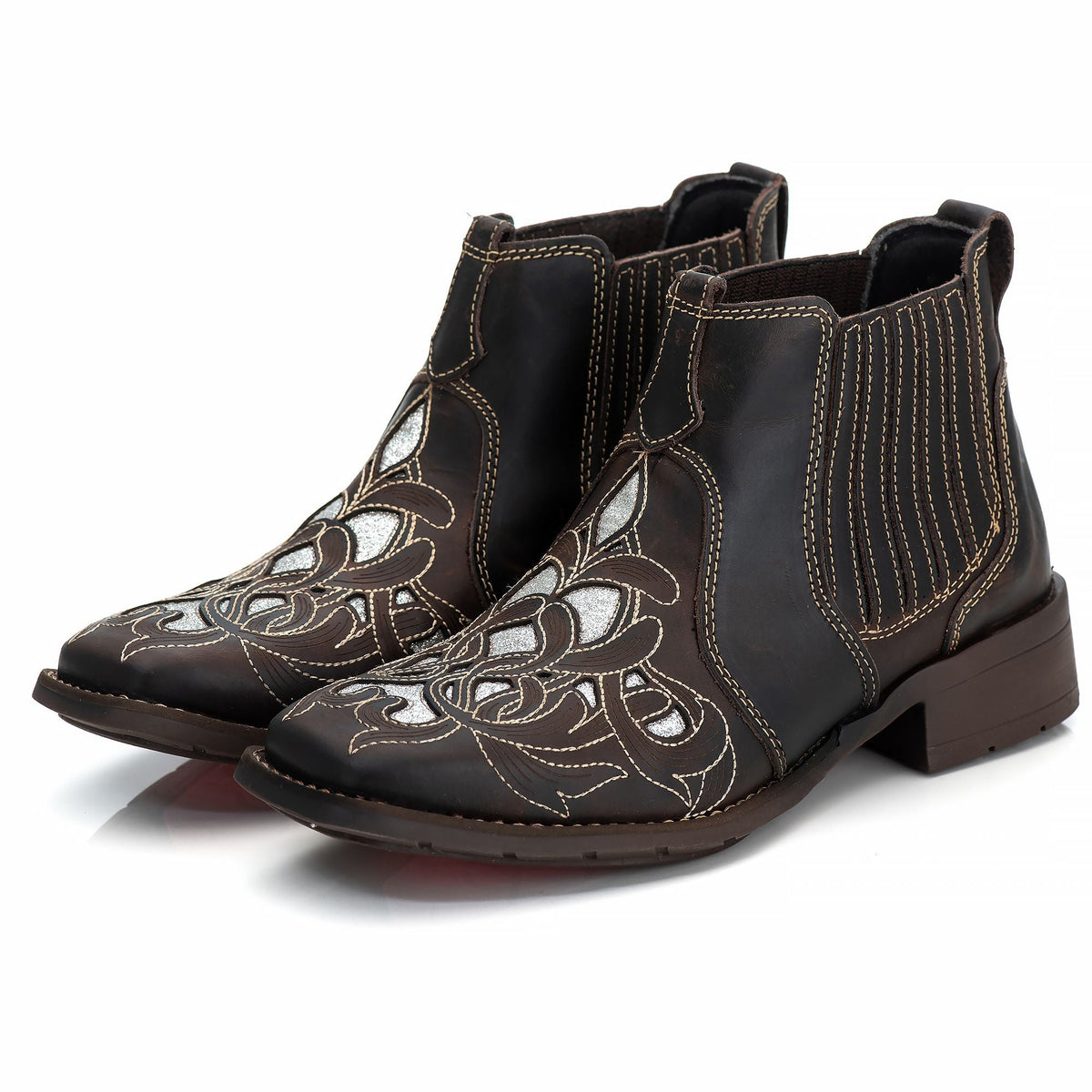 Bota Feminina Texana Couro Genuíno Laser Bico Quadrado Conforto Durabilidade Estilo Country
