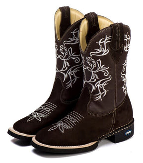 Bota Texana Feminina Bico Quadrado em Couro Nobuck Café com Detalhe Branco