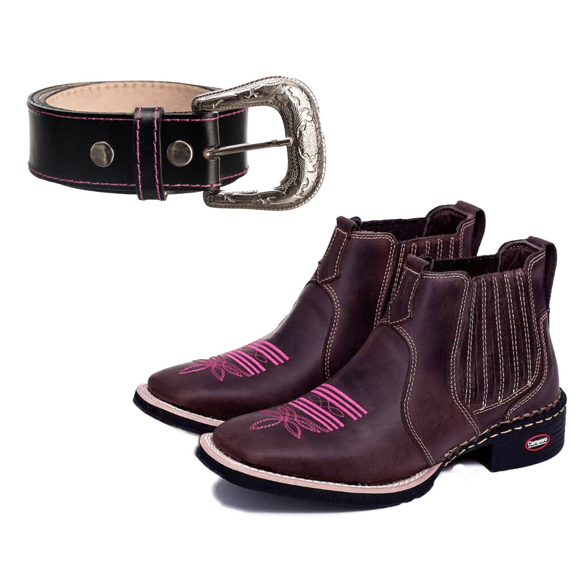 Kit Bota Feminina Country Bordada Rosa e Cinto Fivela Country Feminino