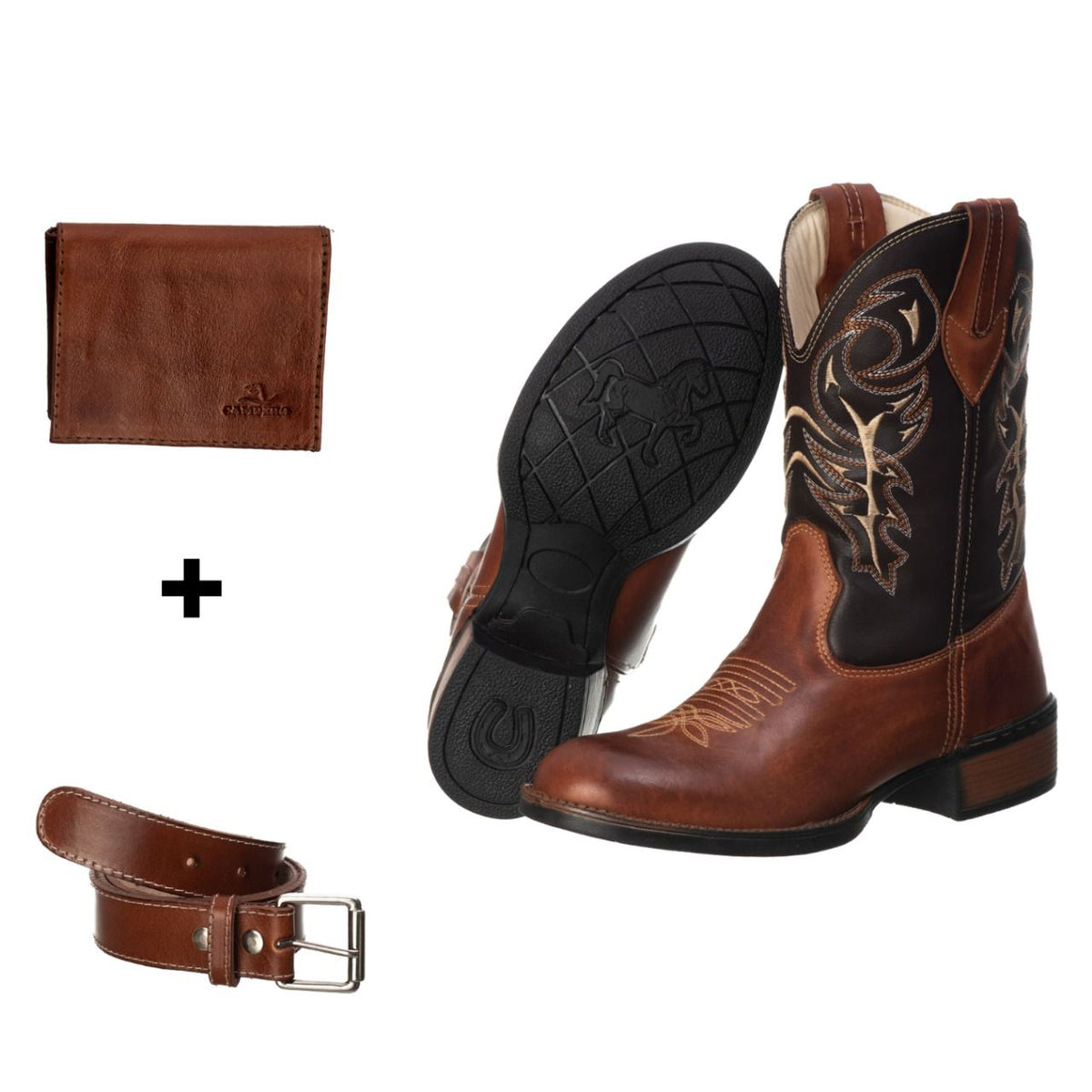 Kit Bota Texana Pinhão Couro Legítimo, Cinto Masculino Ajustável e Carteira Essencial