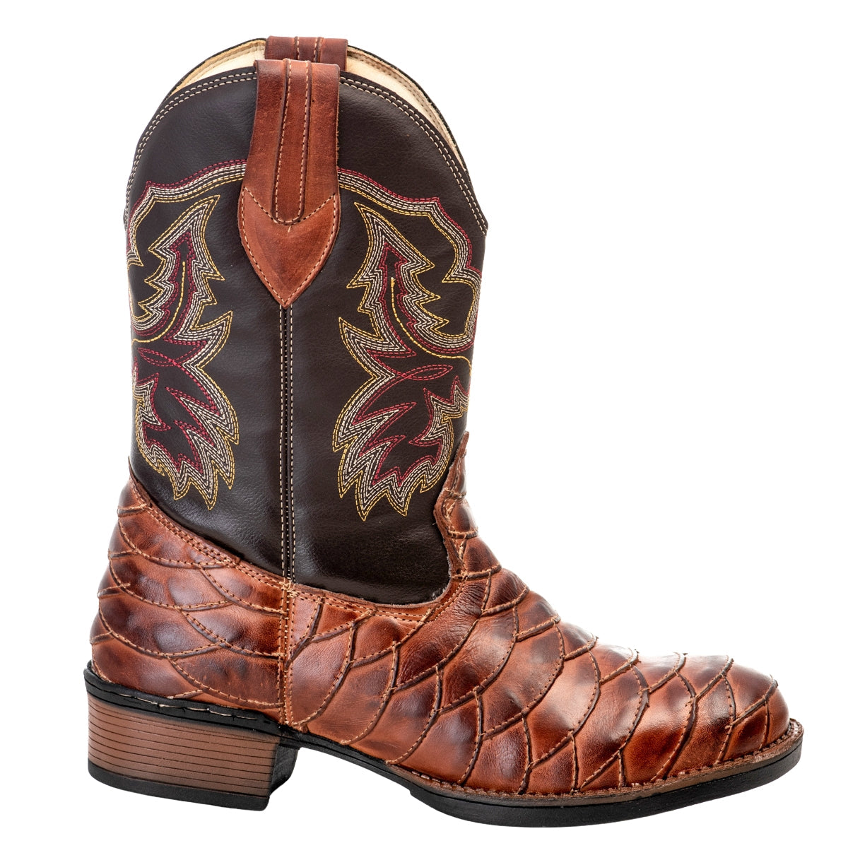 Bota Texana Masculina Escamada Campero Marrom Couro Legítimo Bico Redondo
