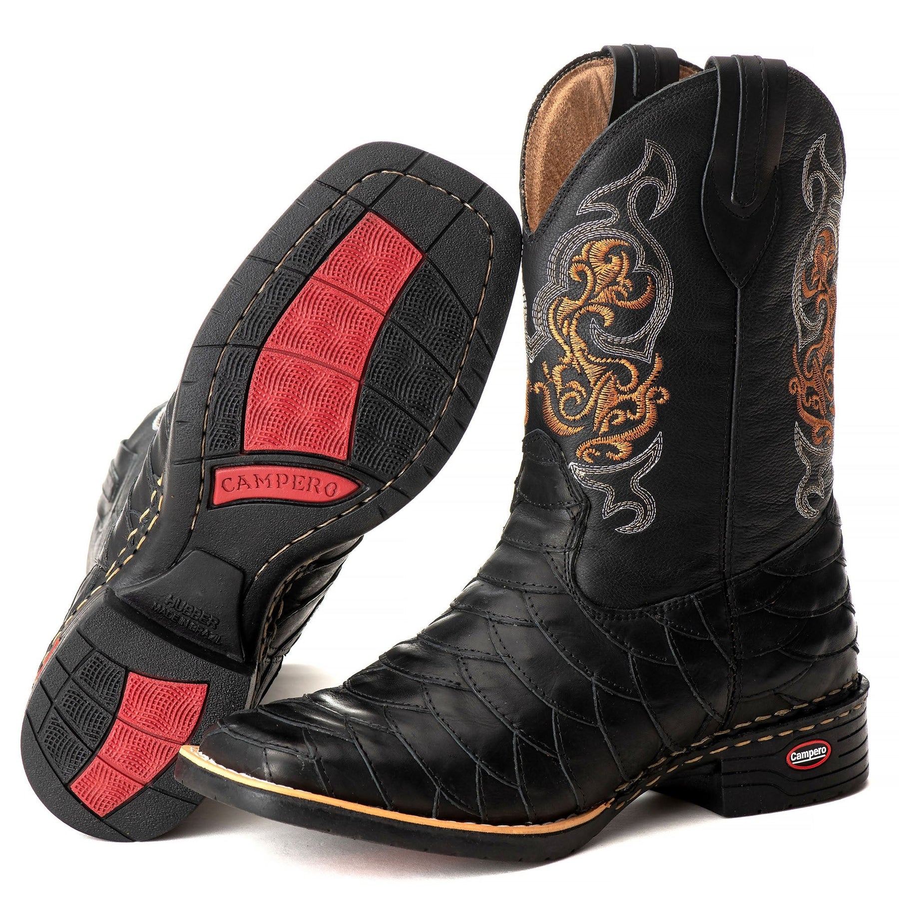 Bota Texana Escamada Masculina Couro Preto Bico Quadrado Rodeio Cano Alto