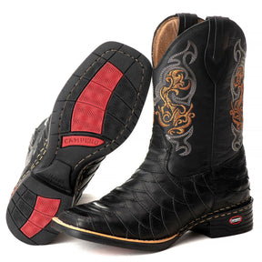 Bota Texana Escamada Masculina Couro Preto Bico Quadrado Rodeio Cano Alto