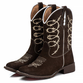 Bota Texana Feminina Marrom Cano Longo Bordada Arame Farpado Bico Quadrado Couro