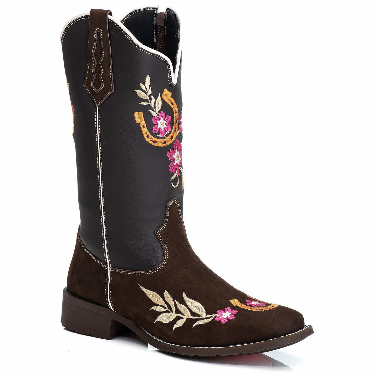 Bota Texana Feminina Campero: Couro Nobuk Bordado, Bico Quadrado, Estilo Autêntico