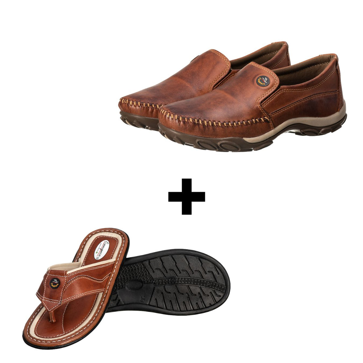 Kit Mocassim Sapatilha Couro Confortável + Chinelo Dedo Masculino Ref. 350/1005 Pinhão