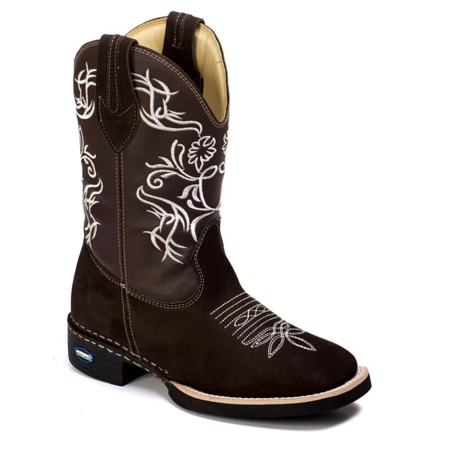 Bota Texana Feminina Bico Quadrado em Couro Nobuck Café com Detalhe Branco