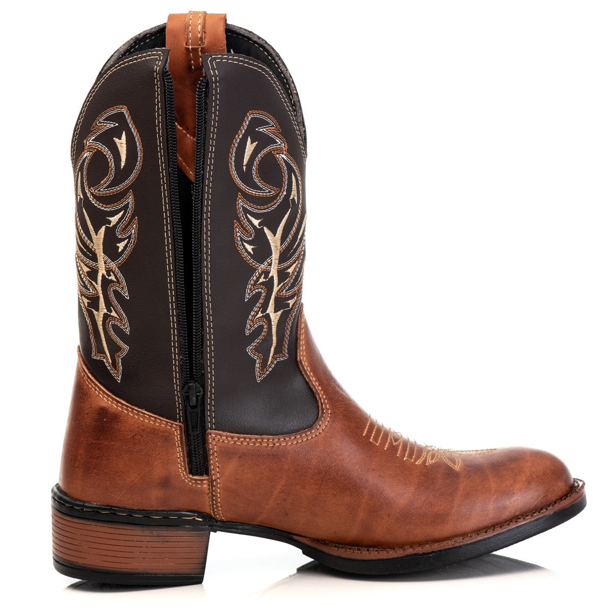Bota Texana Masculina Campero Marrom Cano Longo Zíper Rodeio Cowboy