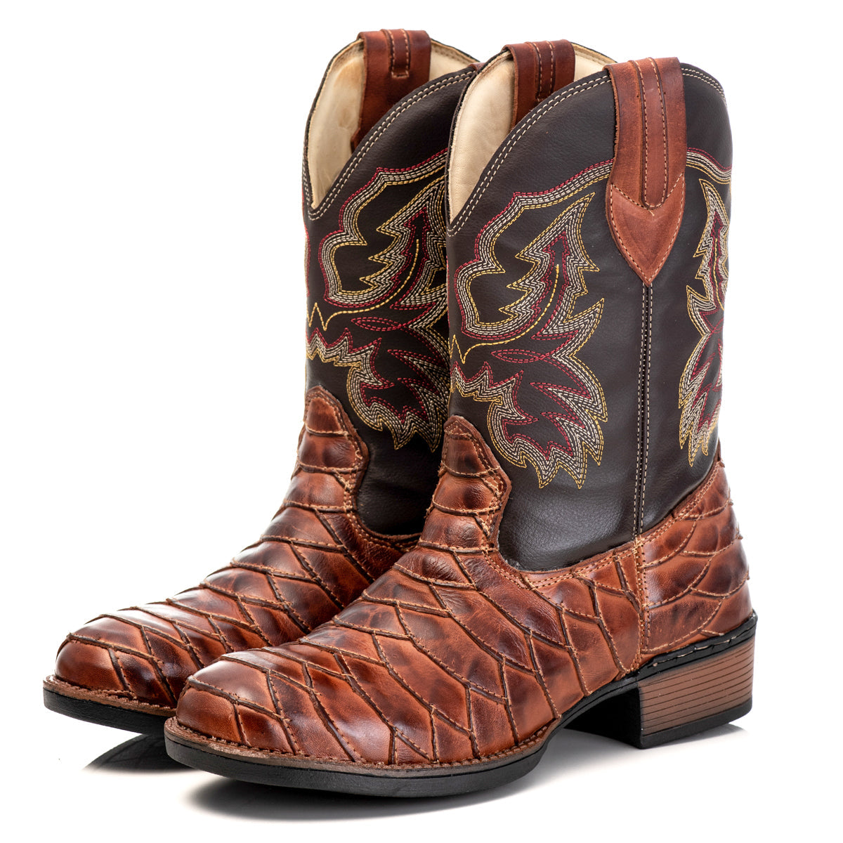 Bota Texana Masculina Escamada Campero Marrom Couro Legítimo Bico Redondo
