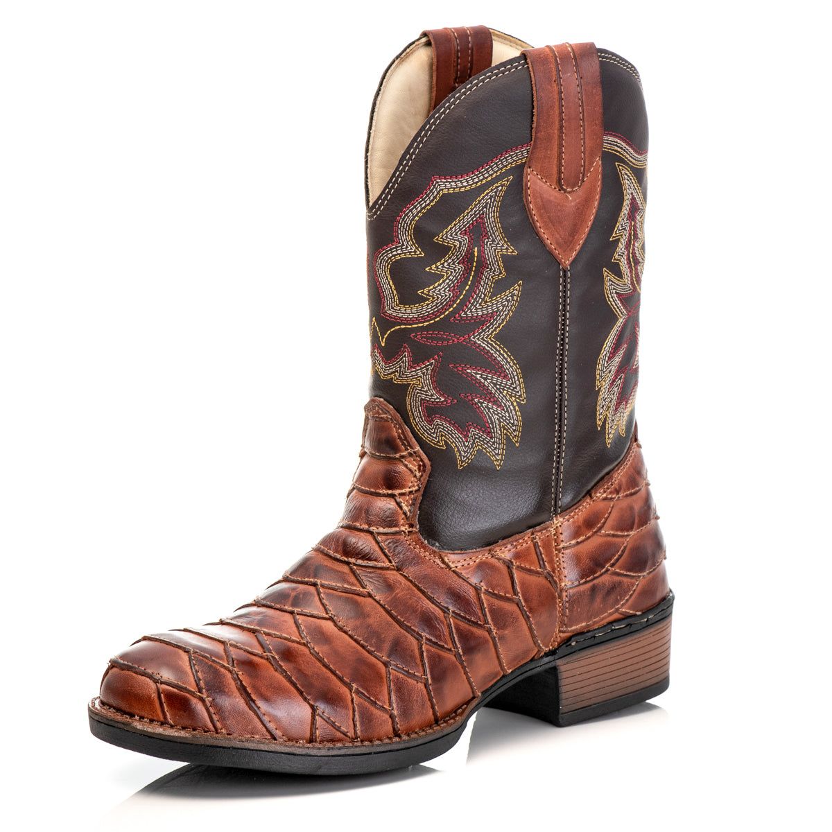 Bota Texana Masculina Escamada Campero Marrom Couro Legítimo Bico Redondo