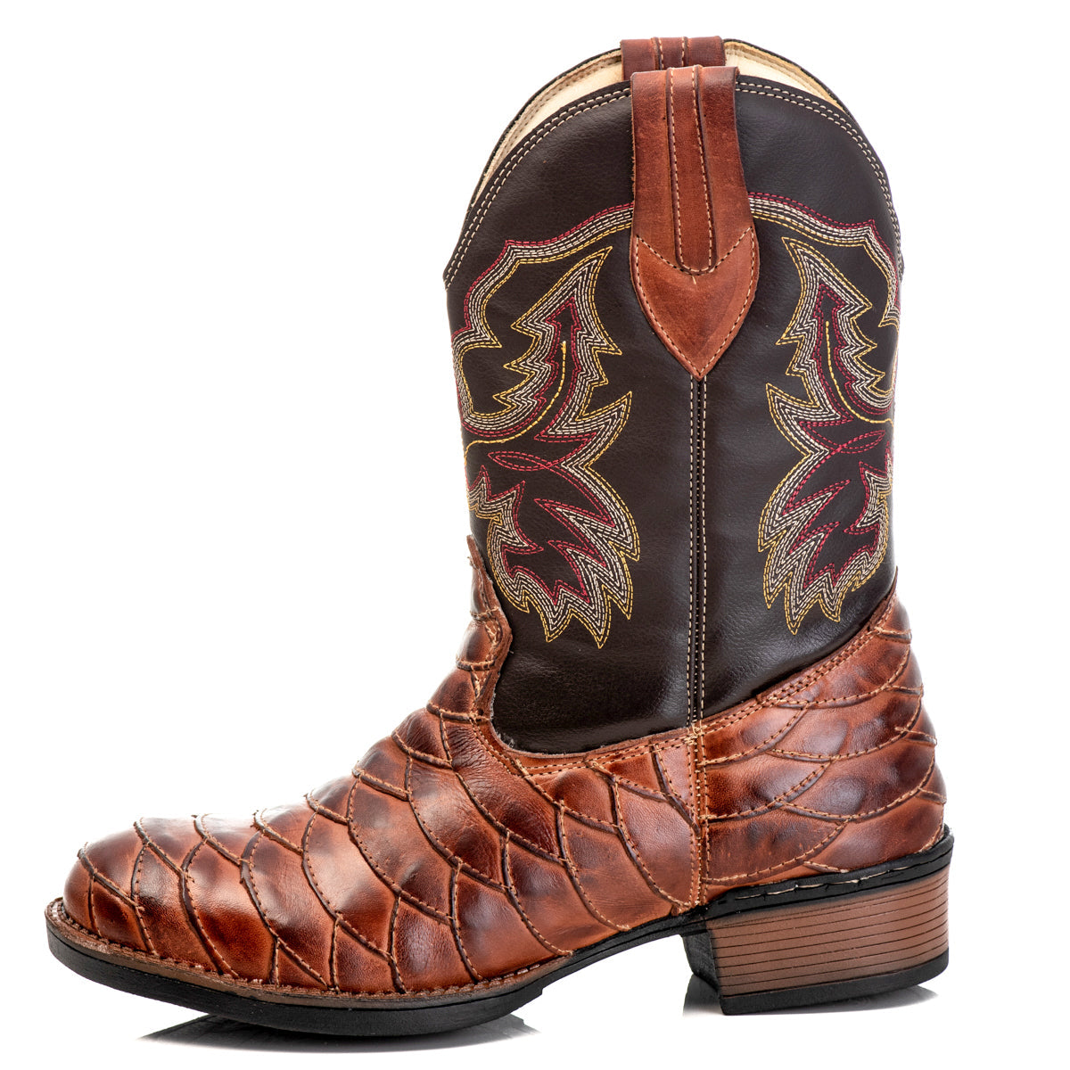 Bota Texana Masculina Escamada Campero Marrom Couro Legítimo Bico Redondo